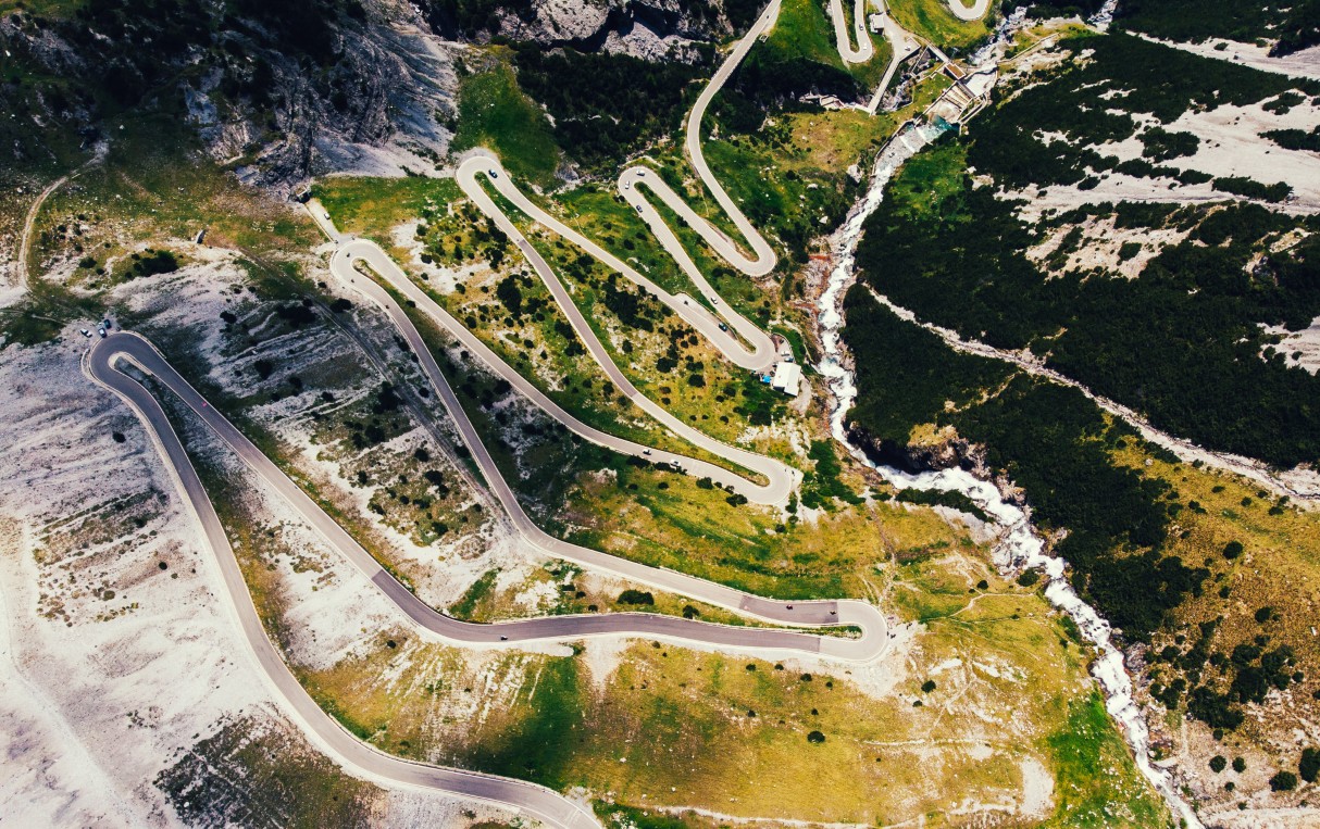 The Stelvio Pass switchbacks stretching into the Alps